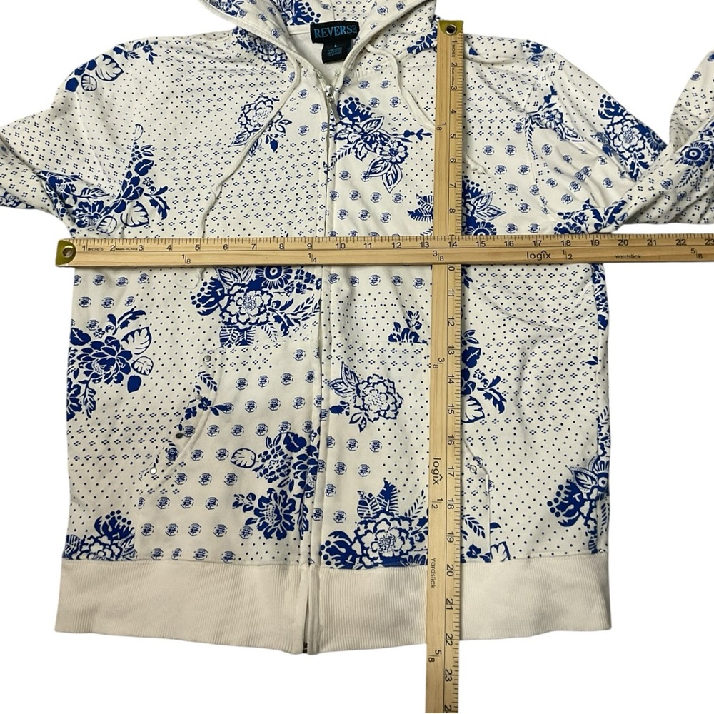 Reverse Blue White Floral Zip Hoodie Jacket Cottagecore Size L - Picture 4 of 6